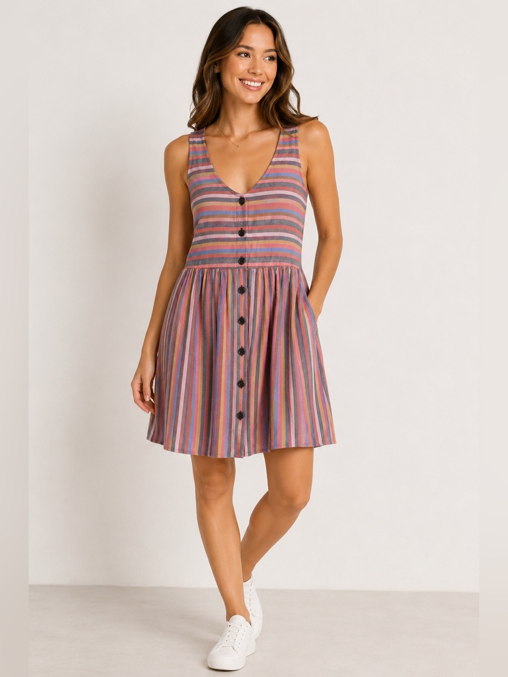 Madewell Rainbow Stripe Button Front Tank Dress Pink Multi Womens Size XS